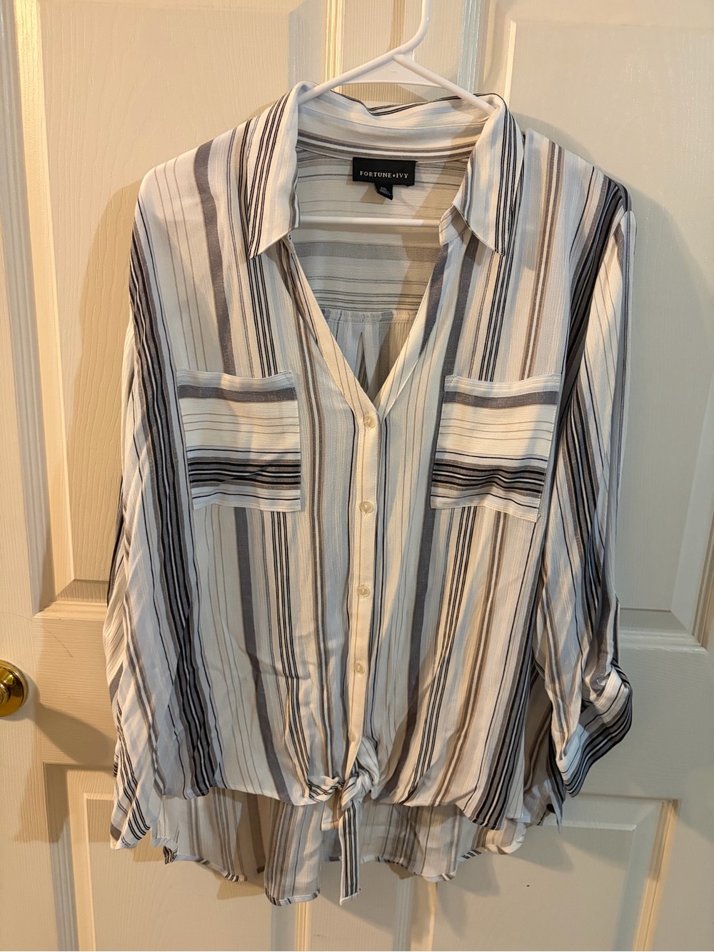 White and Gray Striped Button-Front Tie Hem Blouse